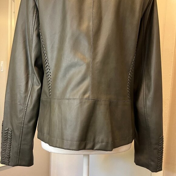 Alfani Olive Whipstitched Faux Leather Zip Up Jacket, Size Medium - Picture 14 of 16
